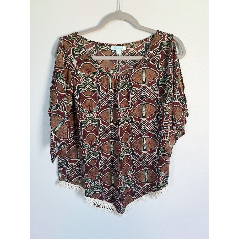 Anthropologie She & Sky Womens Medium 3/4 Slit Sleeve NEW Silk Polyester